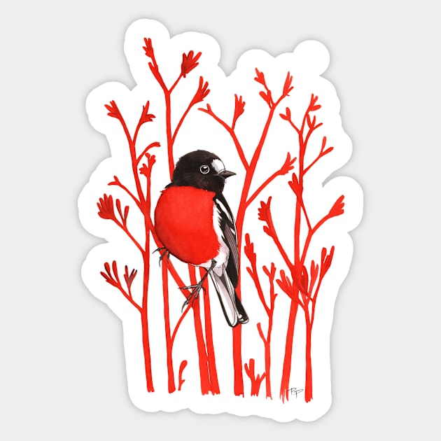 Scarlet Robin on Red Kangaroo Paws Sticker by PollaPosavec